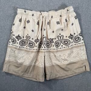 LCKR Beige Paisley Bandanna Print Mesh Shorts Men's Large Gym Workout Drawstring